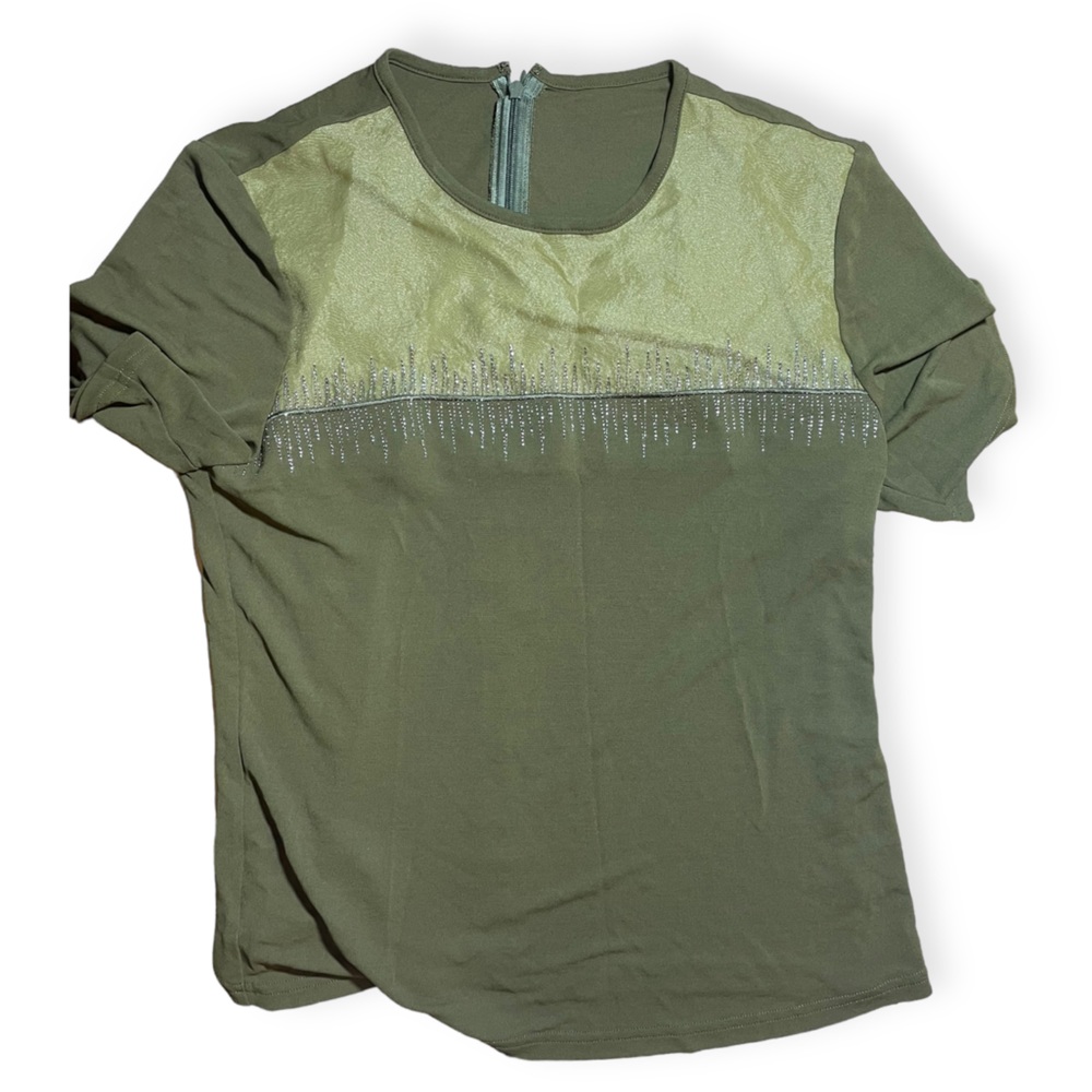Vintage LUFRAN Paris Korean designer green short sleeve Top with embroidery